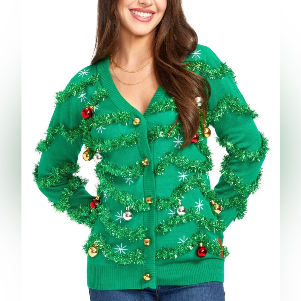 TIPSY ELVES. WOMEN'S GAUDY GARLAND UGLY CHRISTMAS CARDIGAN SWEATER